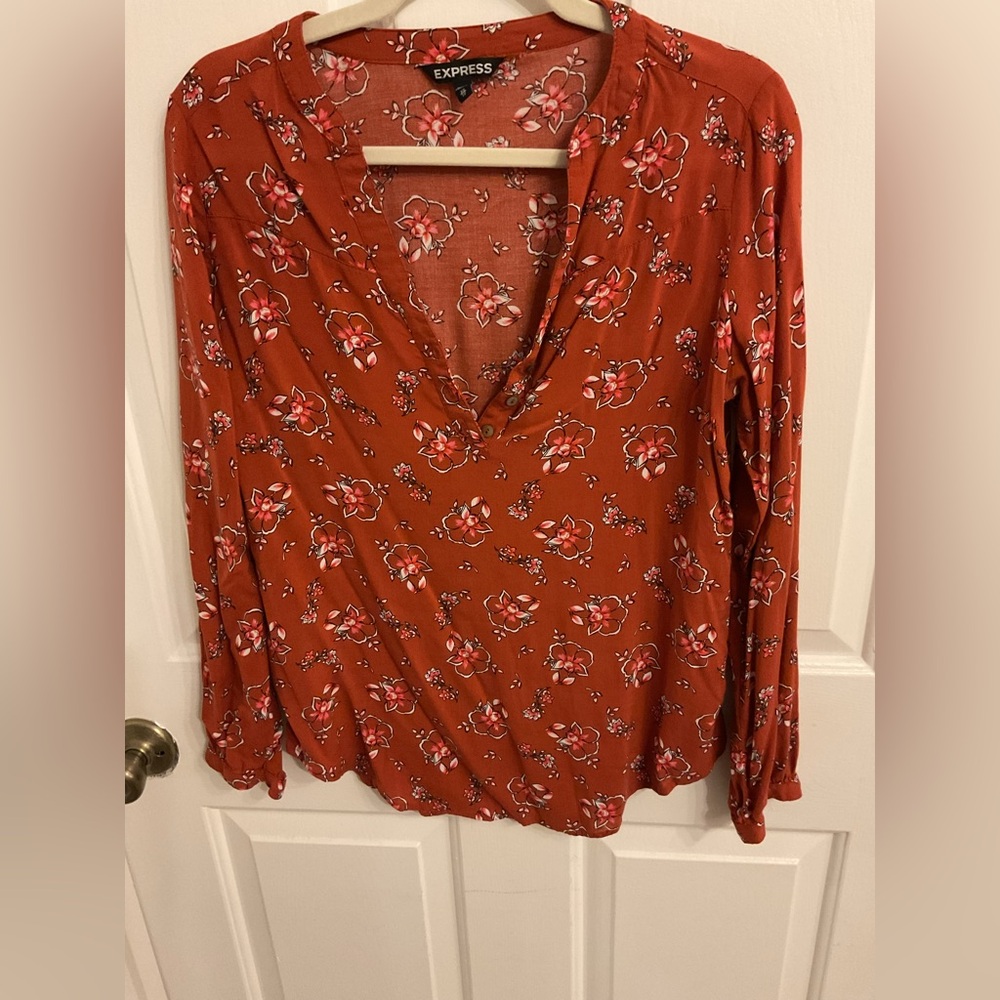 Express Brown and Orange Wrap Blouse with Mandarin Collar